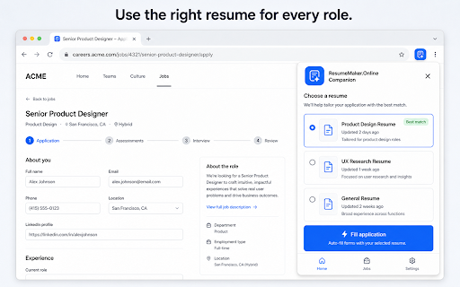 ResumeMaker.Online Companion :: Save jobs and prefill application forms with a resume selected from ResumeMaker.Online.