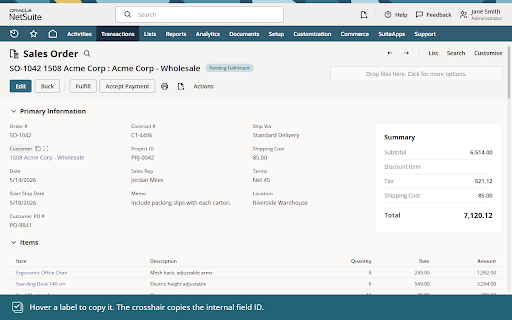 NetSuite Copy Fields :: Copy NetSuite field labels, values, or IDs on hover. Toggleable Hover to Copy mode with optional keyboard shortcut.