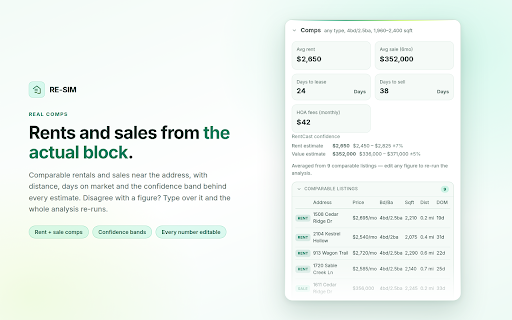 RE-SIM — Real Estate Deal Analyzer :: Paste a property address and run comps, a mortgage, and a monthly P&L in a side panel.