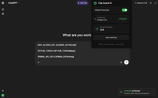 Clip Guard AI :: Automatically detect and mask API keys, tokens, and secrets when pasting to AI chatbots
