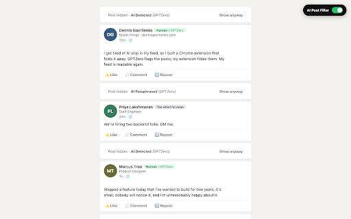 AI Slop Filter for LinkedIn :: Collapses LinkedIn posts the GPTZero extension flags as AI-written. Unaffiliated companion; requires the free GPTZero extension.