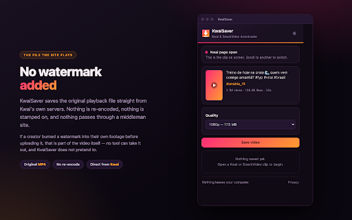 KwaiSaver — Download Kwai & SnackVideo videos :: Save Kwai and SnackVideo clips as clean MP4 files, straight from the page. No watermark added, no upload, no sign-up.