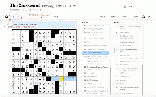 NYT Crosswords Keyboard Shortcuts :: Adds keyboard shortcuts for solving the NYT crossword.