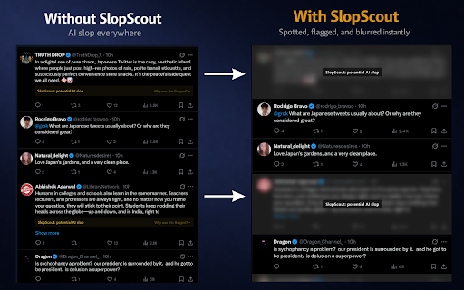 SlopScout :: Detects and flags AI-generated slop posts in real time on any website.