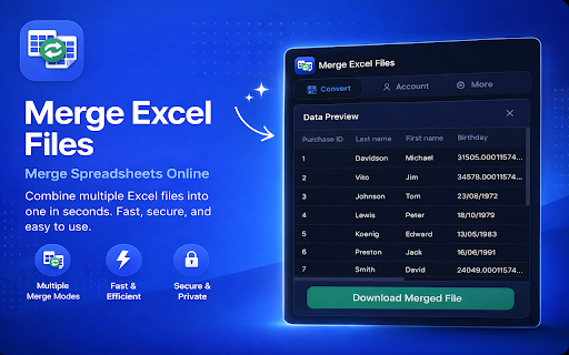 Merge Excel Files — Merge Spreadsheets Online :: Merge Excel files instantly. Combine spreadsheets, append rows, or merge columns directly in your browser.