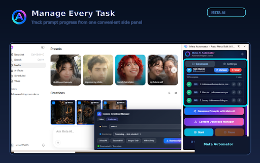 Meta Automator – Auto Meta Bulk AI Image & Video Generator (Free) :: Automate Meta AI video and image generation. Bulk create AI videos and images with custom settings.