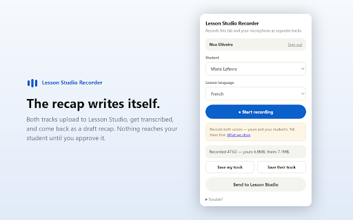 Lesson Studio Recorder :: Records your online language lesson as two audio tracks and sends them to Lesson Studio for a written recap.