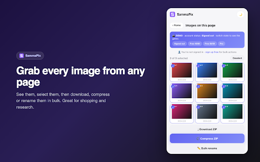 SammaPix — Image Tools :: Compress, convert, crop & clean images. Extract RAR/7z/ZIP. Grab all images from any page in bulk. 100% in your browser.