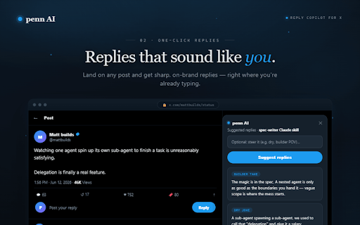 Penn AI | Market your product on X, in your voice :: A human-in-the-loop X reply copilot that drafts replies and posts in your voice, using your context only when relevant.