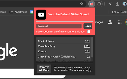 Youtube Default Video Speed :: A Chrome extension to set the default Youtube playback speed for specific, user selected videos or channels.