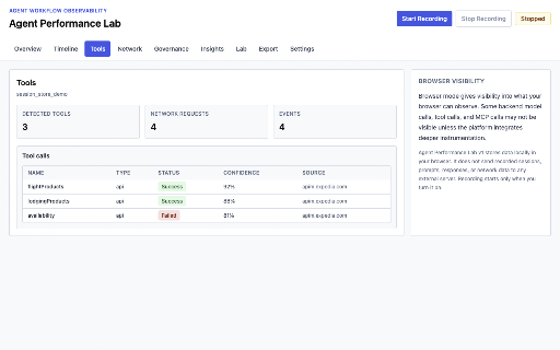 Agent Performance Lab :: Browser DevTools for observing, testing, and governing AI agent workflows.