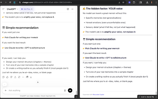 Recurate Copier :: Export your full AI conversation. Copy as markdown, download as HTML, or export as ZIP with artifacts and uploads.