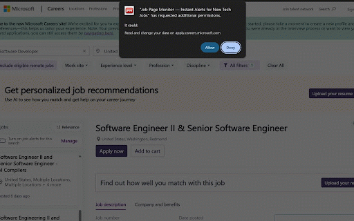 Job Page Monitor — Fast Alerts for New Tech Jobs :: Watch career pages in one click and get notified when listings change. Watchlist + keyword filters + dark mode.
