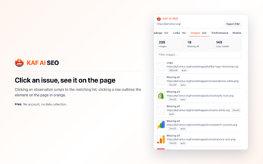 KAF AI SEO — On-Page Inspector :: Inspect any page's SEO: meta tags, canonical, hreflang, structured data, headings, links, images. Runs entirely in your browser.