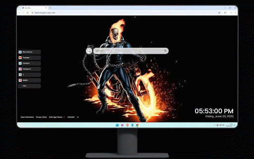 Ghost Rider Live Wallpaper :: Blazing Ghost Rider with flaming skull and hellish motorcycle against dramatic black background.