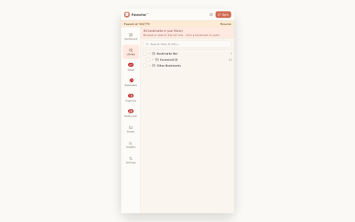 Favewise - Bookmark Cleaner & Organizer :: Make bookmarks useful again. Find dead links, duplicates, empty folders, and forgotten bookmarks. Local-first, no tracking.