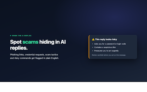 Tenebrae Guardian :: On-device AI safety: warns before you share sensitive data with a chatbot and flags scams in AI replies. Stays on your device.