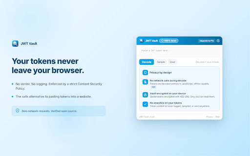 JWT Vault - Decode, Verify & Debug Tokens :: Decode JWT tokens locally, verify signatures & debug claims. Live expiry + encrypted vault. Tokens never leave your browser.