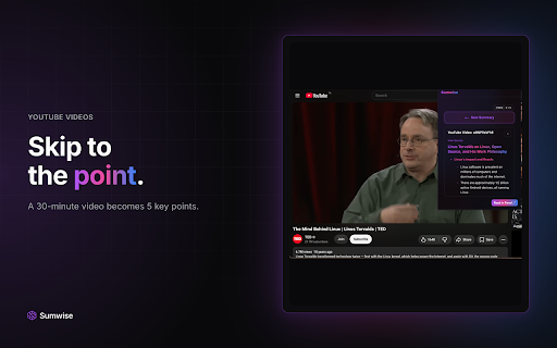Sumwise - AI Summarizer for Web, PDF & YouTube :: Free AI summarizer: one-click summaries of web articles, YouTube videos & PDFs in 7 languages. Read less, know more.