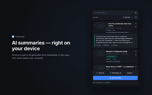 Tabstash :: Сохраняйте открытые вкладки со скриншотом, тегом и заметкой, ищите и сортируйте их в боковой панели.