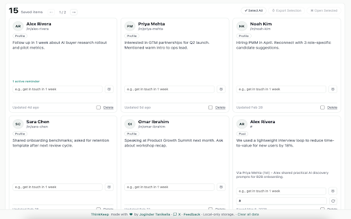ThinkKeep :: Enhances LinkedIn by showing a custom tooltip when hovering over profile avatars in the news feed.