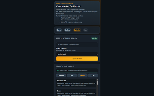 Cardmarket Optimizer :: Save some money on your next Magic cards: this plugin computes the optimal order for you.