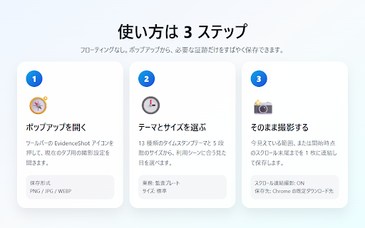 EvidenceShot :: Webテスト向けに、表示領域やスクロール連結のスクリーンショットを日時入りで保存できるChrome拡張機能です。