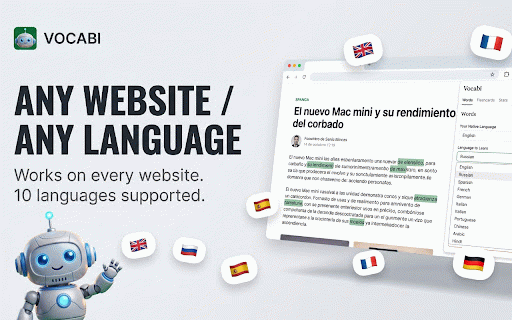 Vocabi – Vocabulary Builder & Word Translator :: Translate & save words while reading websites. Build vocabulary with spaced repetition flashcards. No account needed. 10 languages.