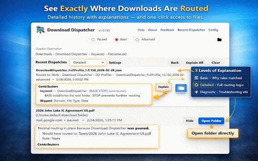 Download Dispatcher — Download Organizer :: Automatically route and organize downloads into folders by website, file type, keyword, or category.