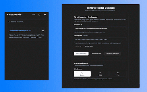 PromptsReader :: A Chrome extension for quick access to your personal prompt library from GitHub