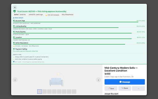 MP Toolkit: Scam Shield for Marketplace :: Scam detection for Facebook Marketplace. Trust scores for listings + SafeTrade buyer risk scanning in Messenger and sidebar chat.