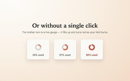 Claude Code Usage :: Track claude code usage at a glance: session and weekly limits, a reset timer, and a live toolbar gauge — zero clicks needed.