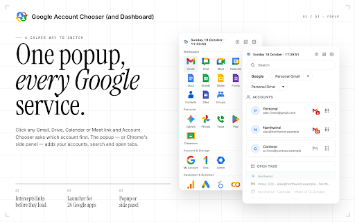 Google Account Chooser (and Dashboard) :: Redirects Google service links (Gmail, Meet, Calendar, Drive, etc.) through Account Chooser so you can pick the right account.