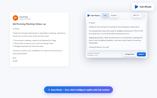 OpenReply.ai - Frontier Models in Gmail :: AI-powered email replies for Gmail. Draft contextual responses in seconds with one click.