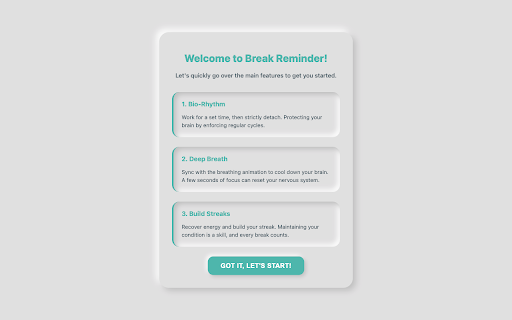 Break Reminder :: Don't just track time; protect your energy. A bio-rhythm monitor that helps you recharge with breathing exercises and avoid burnout.