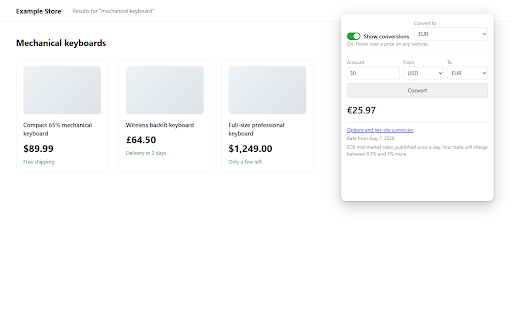 Currency Converter Tooltip :: Pasa el ratón sobre un precio y verás su equivalente en tu divisa. Nunca altera la página ni sustituye el precio original.