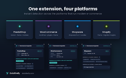 DF Commerce Inspector :: Detect PrestaShop, WooCommerce, Shopware & Shopify: version, theme, modules — plus compatible DataFirefly modules.