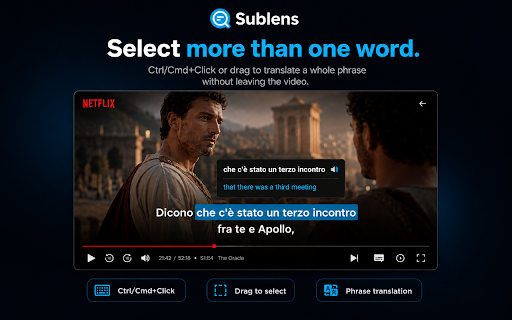 Sublens - Translate & Learn from Subtitles :: Turn Netflix, YouTube & Prime Video subtitles into instant word translations, dictionary lookups & pronunciation.