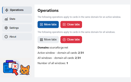 Extract Tabs - Domain :: Move same-domain tabs to a new window + handy stats and other features.