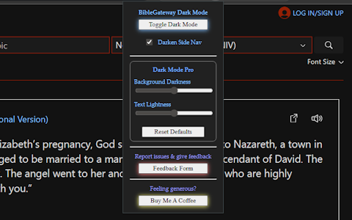 Bible Gateway Dark Mode :: Dark theme for BibleGateway.com with a toggle button.