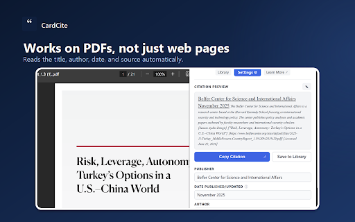 CardCite :: Generates formatted source citations from any webpage or PDF, with source descriptions for over 600 common sources.