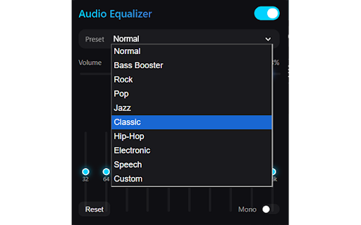 Audio Equalizer :: Professional Audio Equalizer for Chrome with 10 bands and presets.