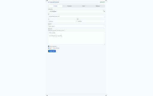 Gmail Outreach Drafts :: Create outreach email drafts directly in Gmail with templates and placeholders.