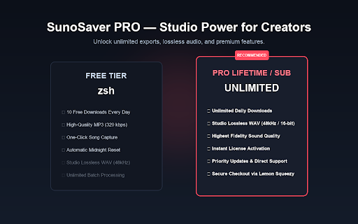 SunoSaver — Suno AI Music & MP3 Downloader :: Download Suno songs as MP3 or PCM WAV and export full playlists as ZIP. Free daily downloads with optional Lifetime PRO.