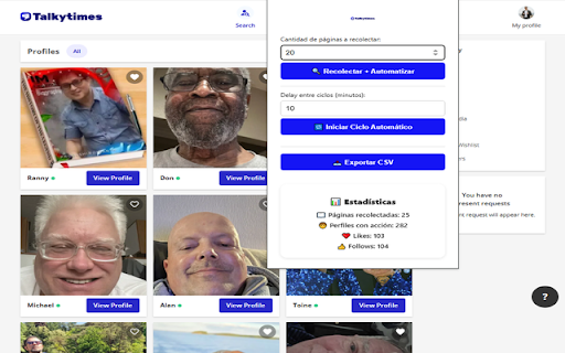 Talkytimes Auto Cycler :: Recolecta perfiles, da like/follow, y automatiza ciclos en Talkytimes.