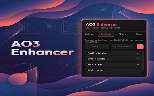AO3 Enhancer - Auto Tracker, Dark Mode & Reader Replacer :: Elevate your Archive of Our Own (AO3) experience. Auto mark fics as read, customize reader inserts (Y/N), Dark Mode and morre