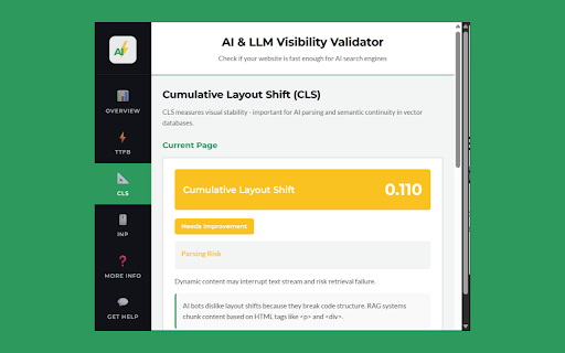 AI & LLM Visibility Validator :: Check which AI bots can access your site, measure TTFB/CLS/INP performance, and analyze JS vs HTML content visibility.