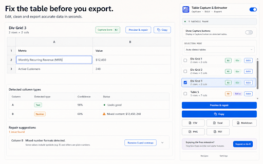Table Capture & Extractor :: Capture tables from websites and PDFs, clean them up in Table Studio, and export ready-to-use data in your browser.