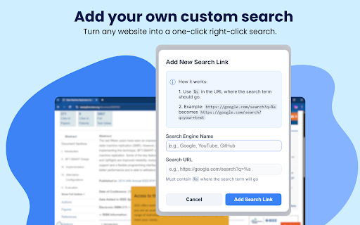 Right Click Search Anywhere :: Select text, right-click, and search on your favorite websites. Popup allows menu customization.