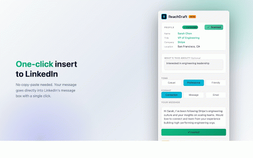 ReachDraft :: AI-powered LinkedIn outreach messages in one click. Auto-insert to LinkedIn, contact tracking, batch mode & CSV export.